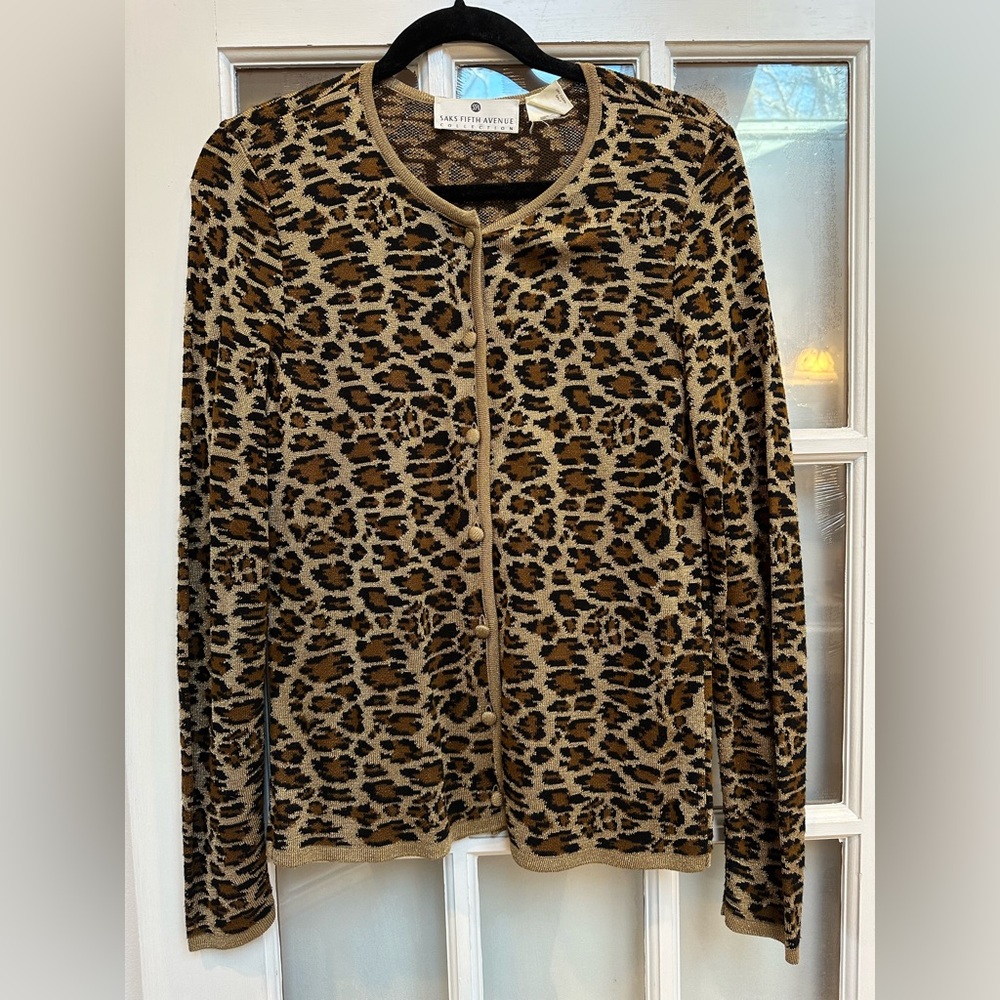 Vintage Saks Fifth Avenue Y2K Metallic Leopard Knit Cardigan Sweater Size M